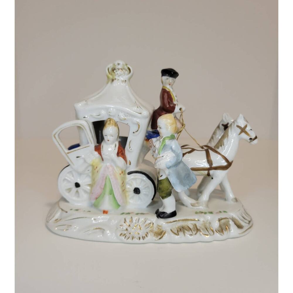 Antique German Porcelain Hand Painted Horse and Carriage Coach Figurine